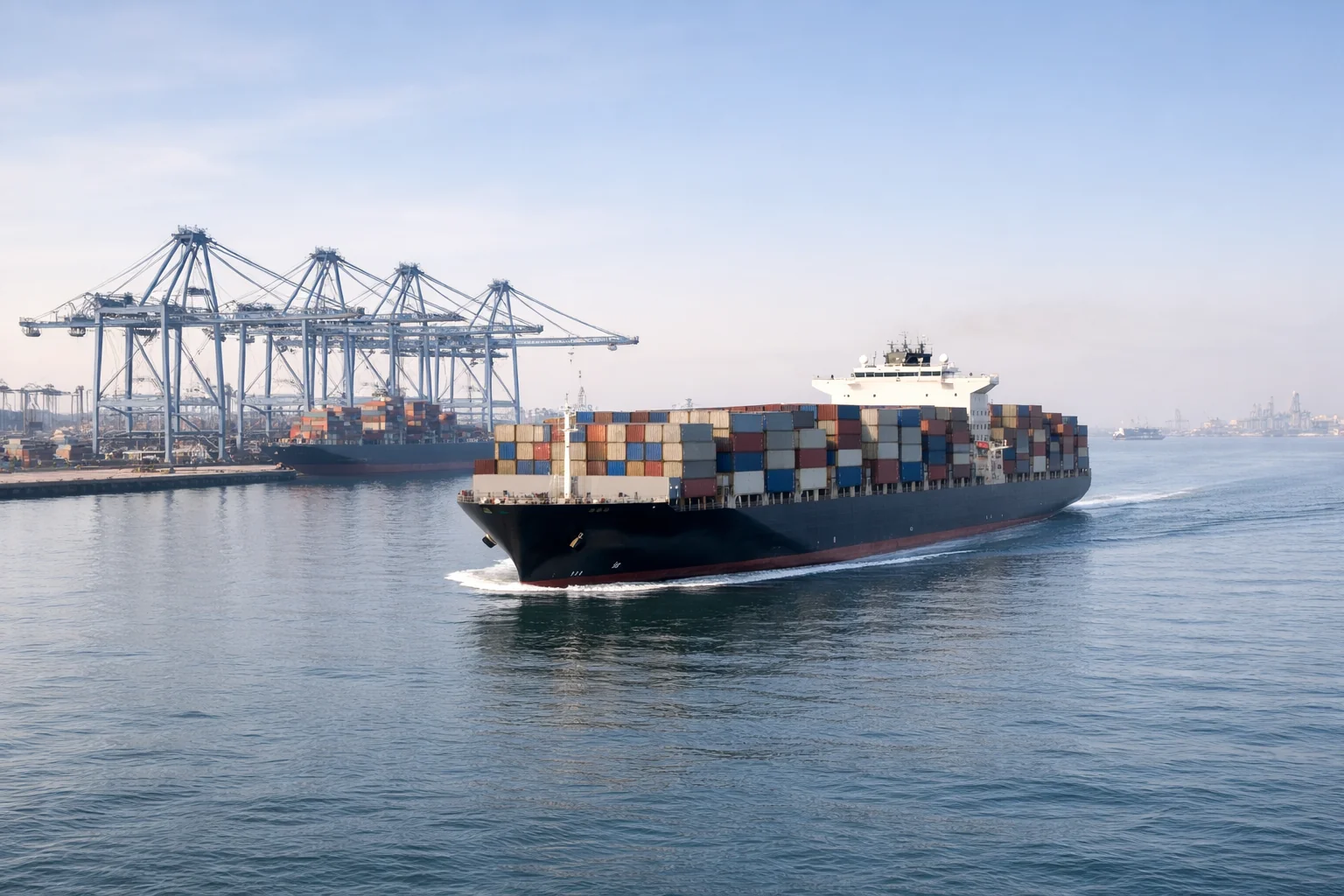 Container ship arriving at port